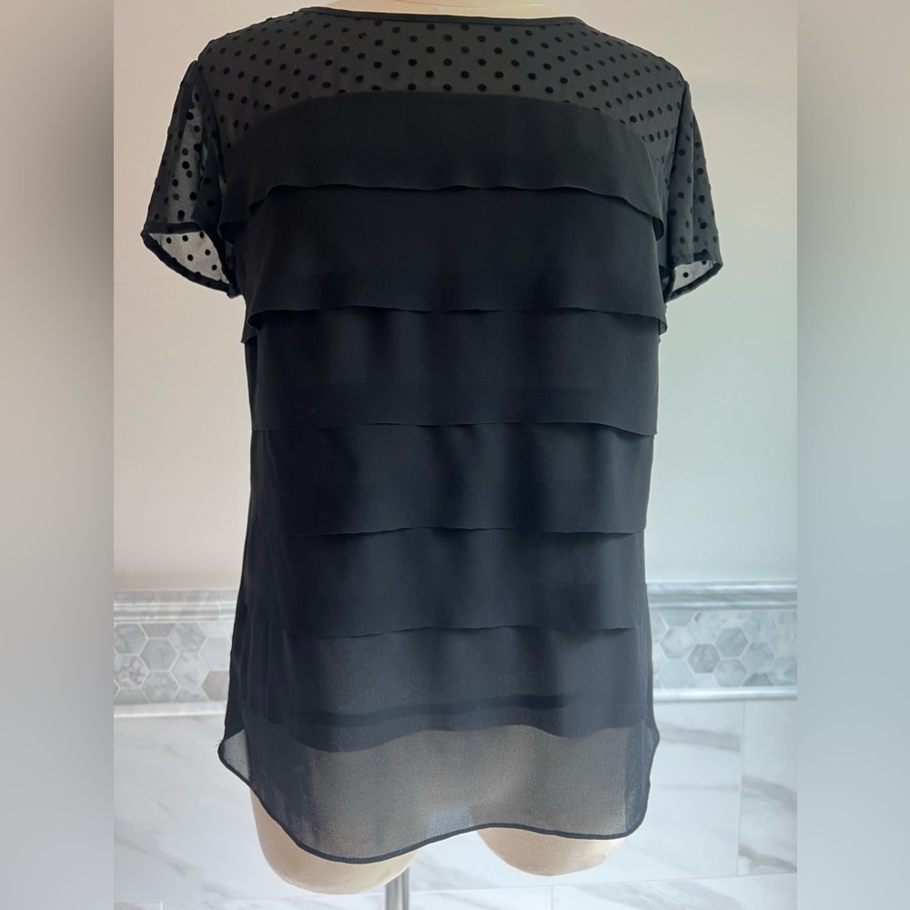 LOFT Swiss Dot Tiered Black Blouse Sz S